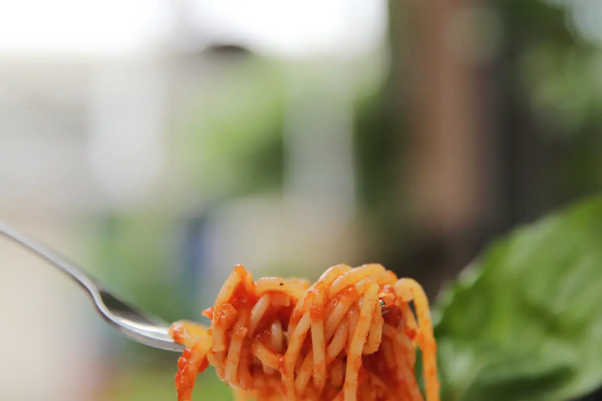 talianska pasta Bratislava – špagety s paradajkovou omáčkou na vidličke